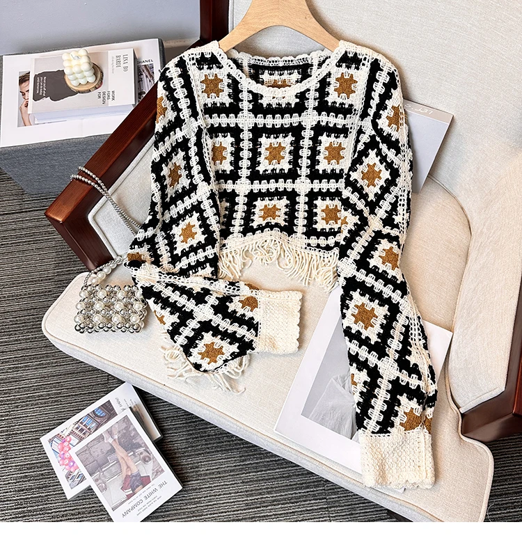 Top de ganchillo con flecos, manga de murciélago con borla, suéter de punto calado cuadrado de abuela, jerséis para mujer, traje de vacaciones bohemio Chic