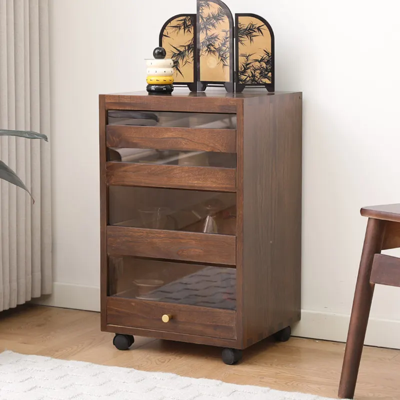 Wooden Drawer Storage Buffet for Tea Set Cup Cosmetics Concave Shape Rolling Wheels Transparent Lattice Antique Display Stand