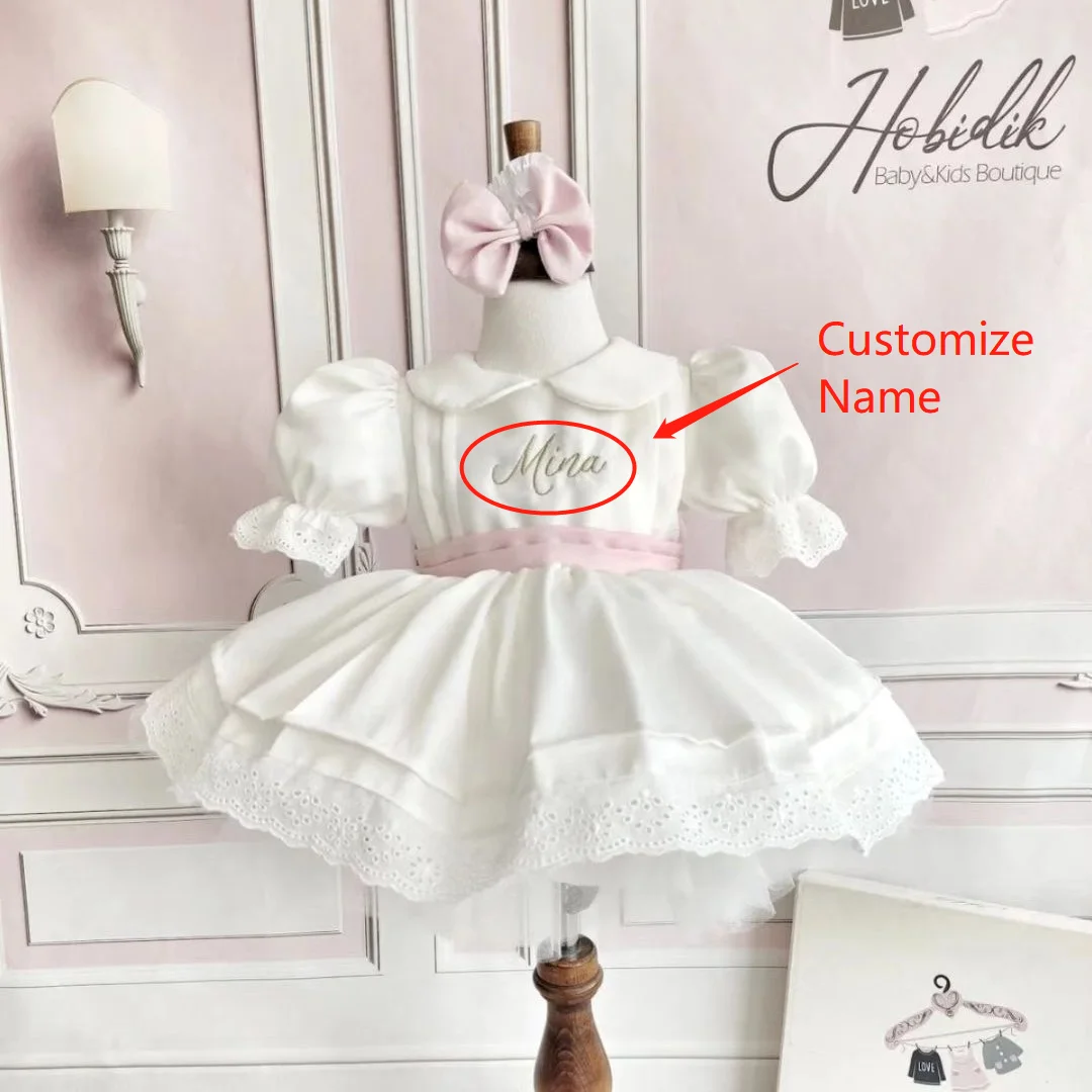 0-12Y Baby Girl Summer White Custom Name Vintage Lolita Princess Ball Gown Dress for Birthday Eid