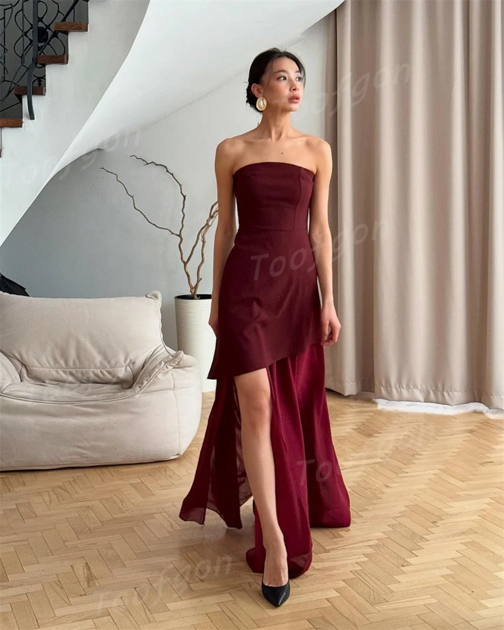 Toofgon Strapless Burgundy A Line Prom Dresses Satin Chiffon Formal Prom Party Dresses Side Slit Special Occasion Customized