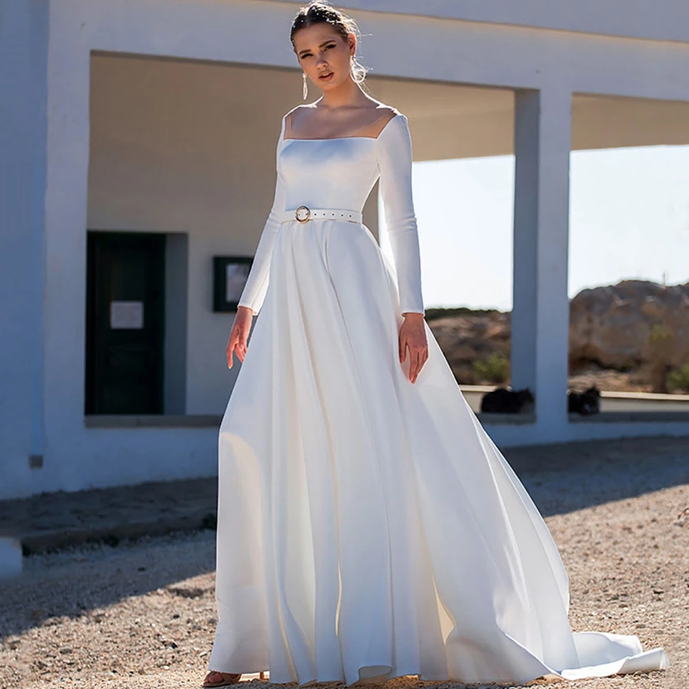 Pmwrun Elegante Hochzeit Kleid Square Neck Langarm Gürtel und Bodenlangen A-Line High-end-Satin Heiraten Bridel Kleider multi Größe