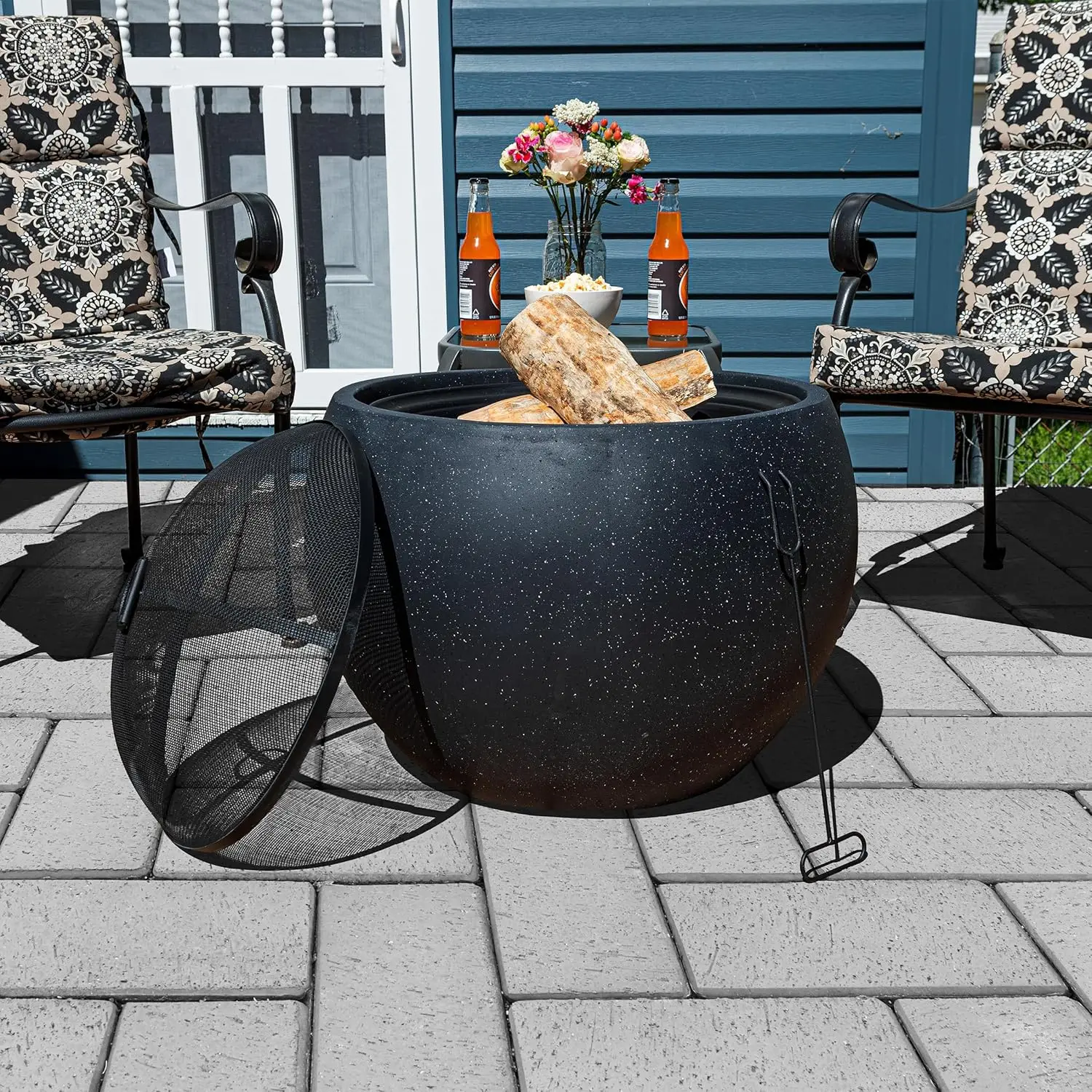 

Outdoor Fire Pit - 24” Round Faux Concrete Firepit - Wood Burning Fire Pit with Poker, Screen, Cover - Wood Fire Pits