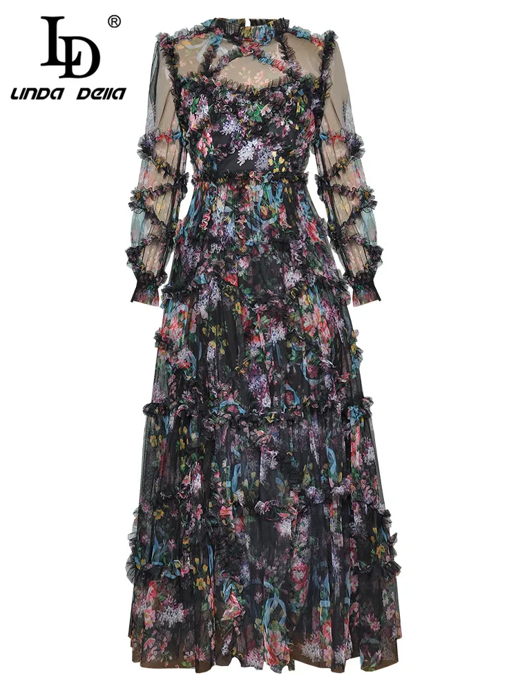

LD LINDA DELLA Fashion Designer Summer Dress Women's Lantern sleeve Floral print Black Mesh Long Vintage Party Dresses