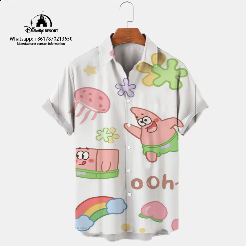 Camisa de manga curta de Bob Esponja masculina, top versátil, lapela, rua Harajuku, tendência casual na moda, verão, novo, 2024