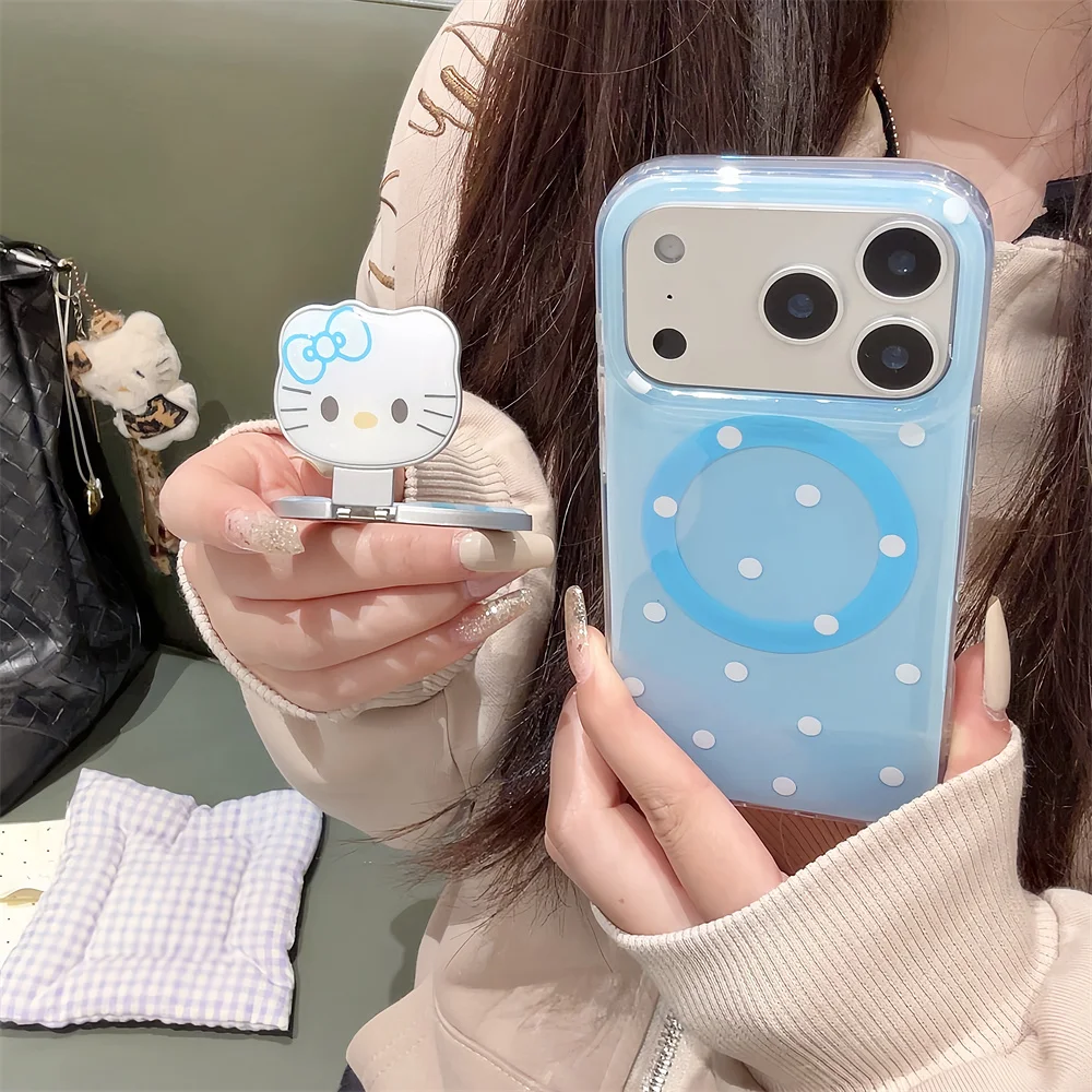 

Korean INS Simple Polka Dot Cute Hellokitty Magnetic Holder Phone Case For iPhone 17 Pro 16 14 15 Pro Max Cover Cartoon Fundas
