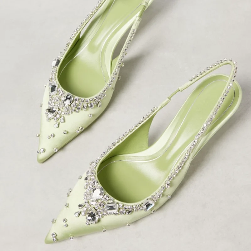 

Elegant Rhinestone Embellished Women Slingback Pumps Pointed Toe Green Pink Black Satin Cloth Slip On Shallow Female Bride Shoes