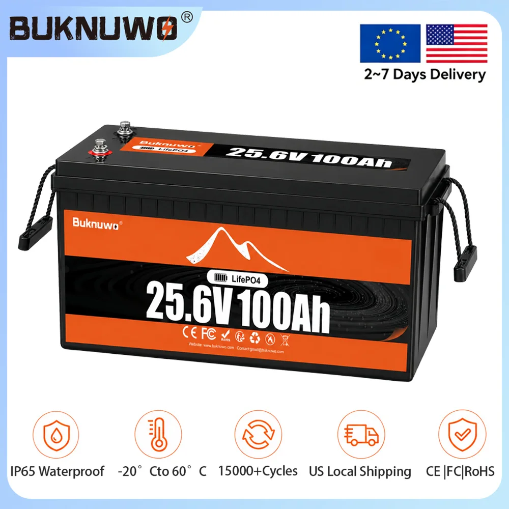 Buknuwo 24V 100Ah Bluetooth And Non-Bluetooth LiFePO4 Lithium Battery, Built-in 100A BMS Low Temperature Protection Capable Of Over 8000 Deep Cycles Support Parallel Battery And 1/2/4 Pack Available For Trolling Motor, Marine, RV, Solar