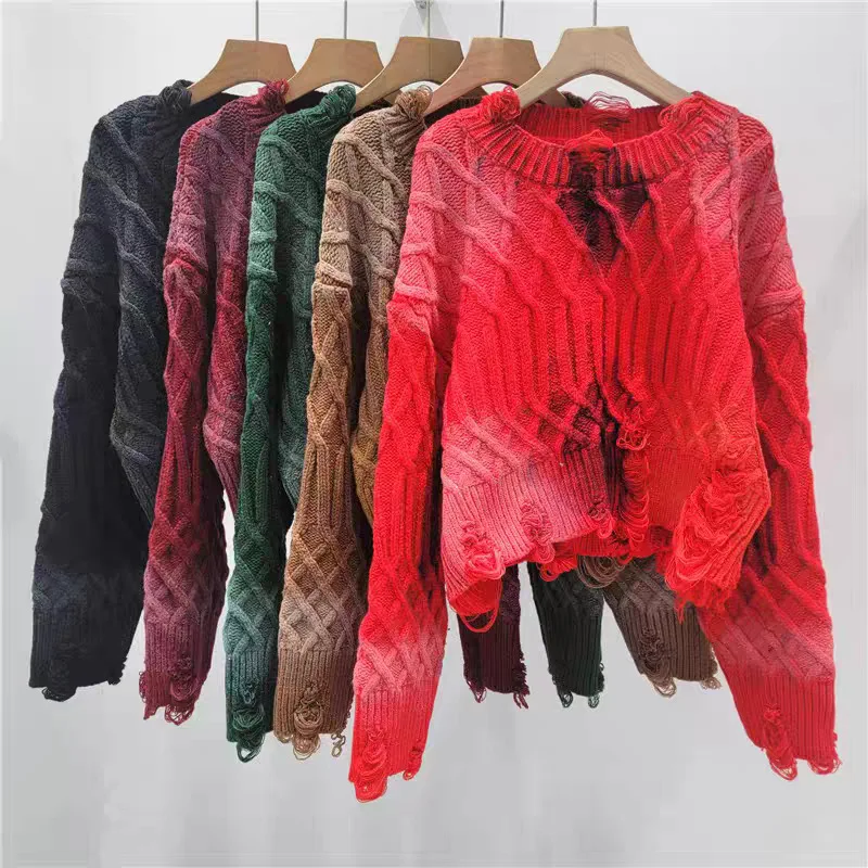 

2025 Autumn Winter New Personality Versatile Loose Heavy Craft Distressed Graffiti Personality Knitted Crew Neck Sweater Women