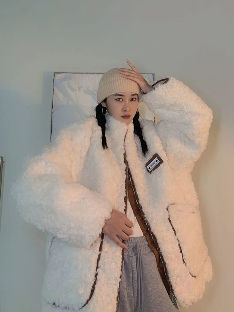 Women Faux Lamb Sweet Cute Coat Vintage Winter Loose Long Sleeve Kawaii Jacket Preppy Style Retro Female Pockets Letter Tops New