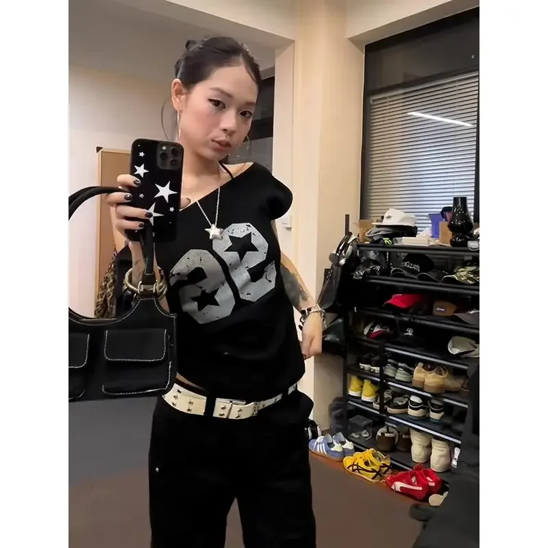 American Sle Spicy Girl oulder T-shirt da donna Estate Stampa digitale Slim ort Sve Bla Trendy Brand oulder Exposur