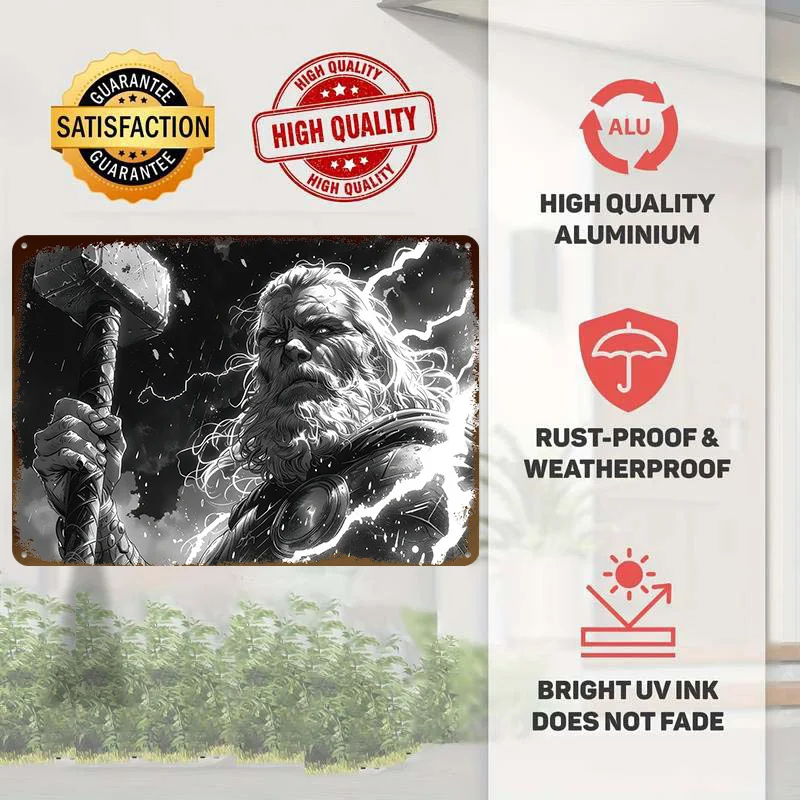 Thor Holding His Hammer Printed Poster Customized Wall Art Retro Vintage Metal Tin Signs for Room Ornaments Home Decorations