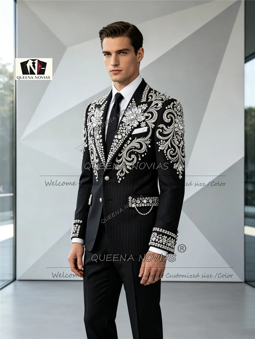 Customized Vertical Striped Suits Men For Wedding Rhinestone Beaded Jacket Pants 2 Pieces Sets Groom Tuxedo Attires Ropa Hombre