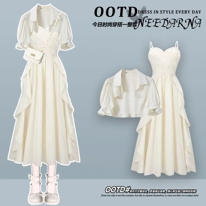 

Новое летнее ношение шикарного топа с короткими рукавами и бретельками, комплект из двух предметов французского платья