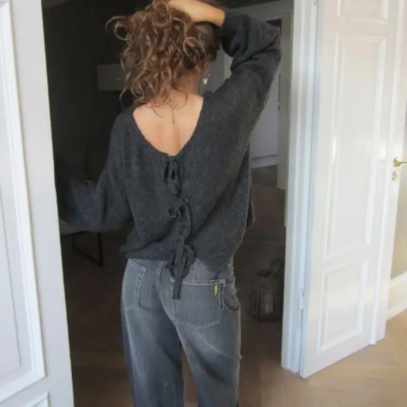 

Combhasaki женские шикарные однотонные вязаные пуловеры с вырезом лодочкой и длинным рукавом с бантом и завязкой сзади ажурный трикотаж свитер топы