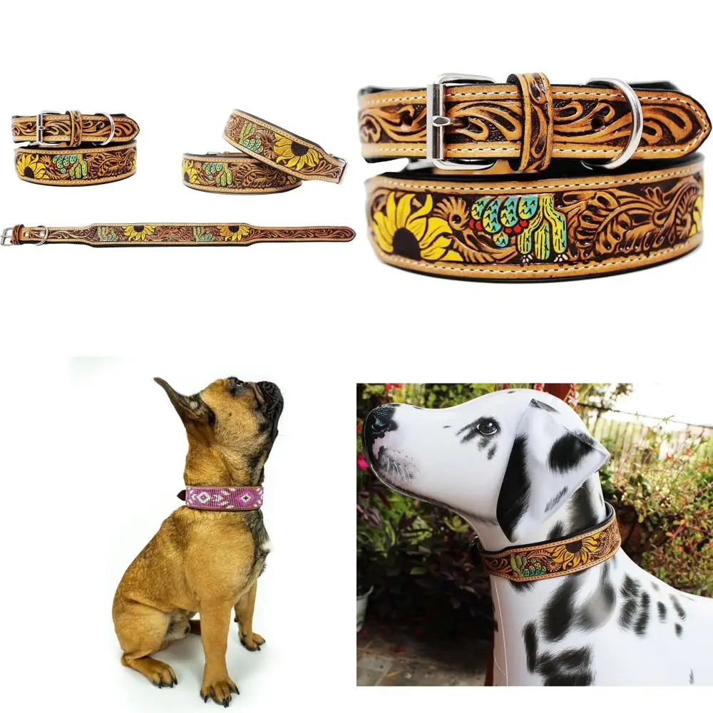 Handcrafted Leather Dog Collar with Padding, 17-21 Inches, Tooled Design for Medium Dogs