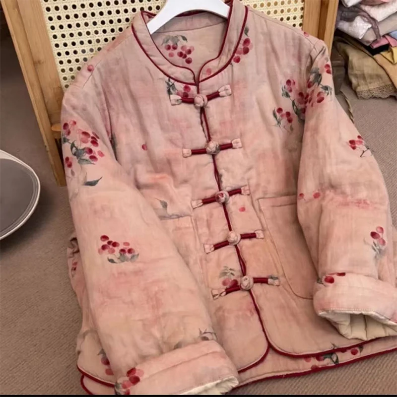 

High-End Anti-Aging Winter Retro Chinese Style Cotton Jacket New National Style Button Warm Versatile Outerwear for Women