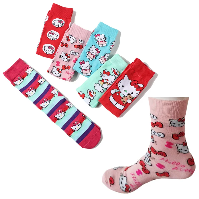 Kawaii Y2K Hello Kitty ladies socks cartoon cute Harajuku medium tube pure cotton breathable socks can be worn in all seasons