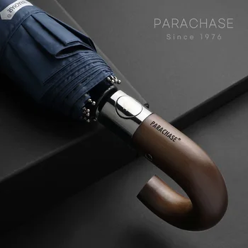 PARACHASE automatic folding umbrella men women 10K strong windproof rain umbrella Anti UV sun protection wooden handle Paraguas