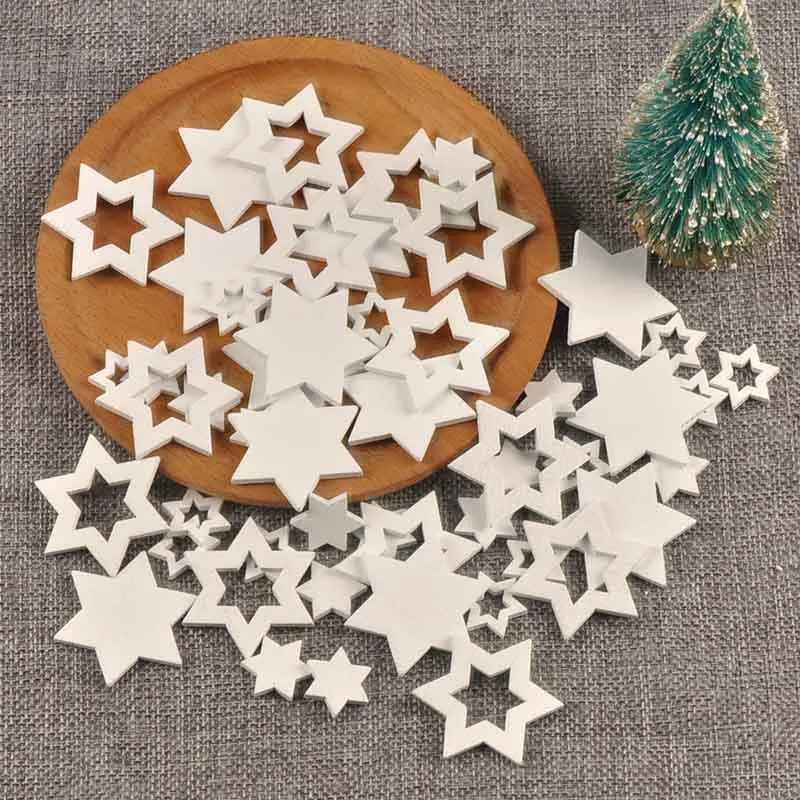 50Pcs 2-4cm Random Mix White Stars Hollow/Solid Wooden Ornaments DIY Scrpabooking Party Christmas Decor Handmade Supplies C4144