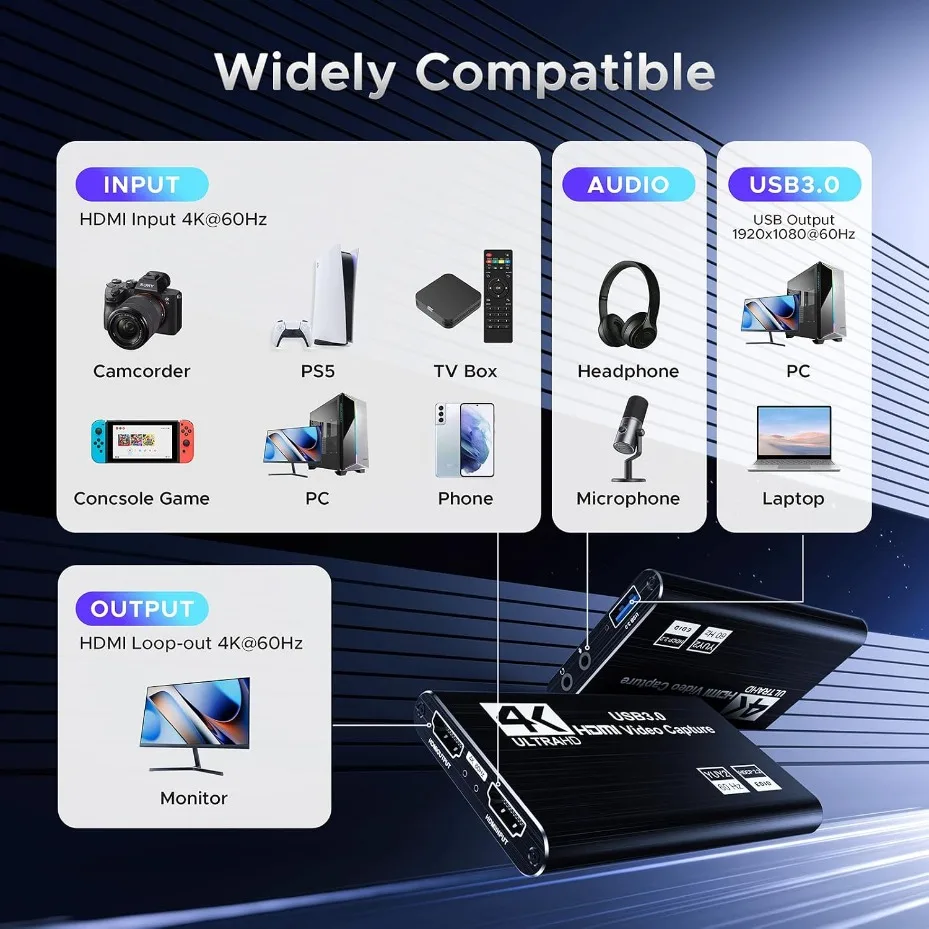 4K 3.0 Video Capture Card HDMI Compatible HD Video Recorder Suitable for Live Streaming Game Capture  and On-Site Shooting