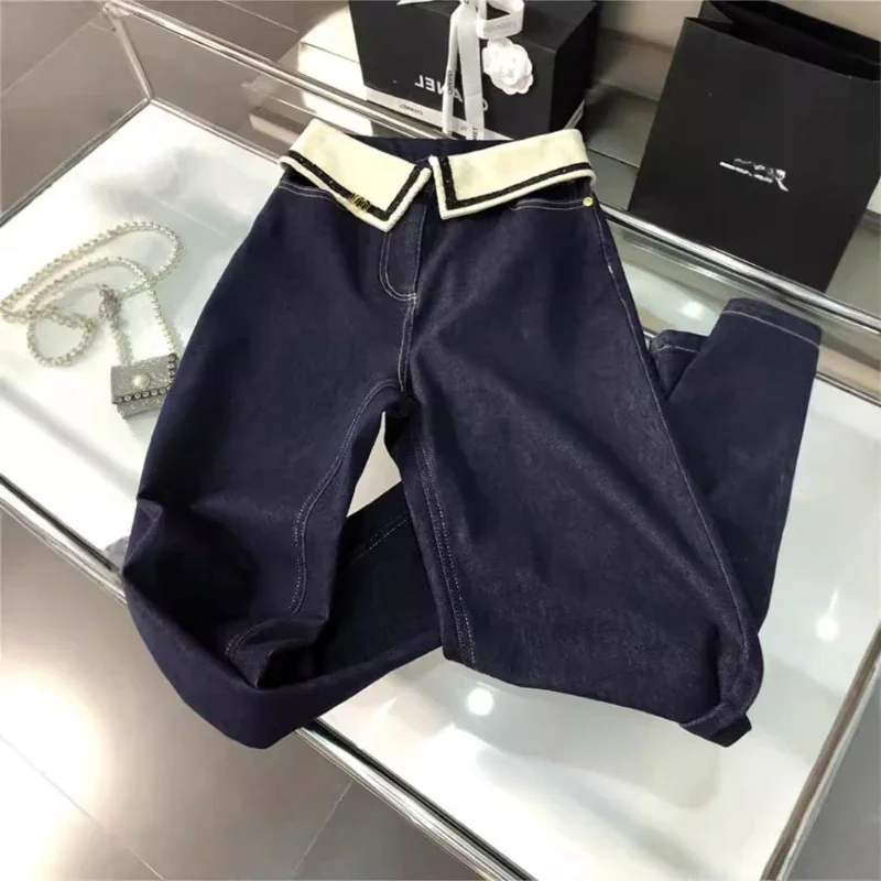 Pop primavera nova moda feminina calças jeans com design exclusivo gola cintura diariamente versátil denim calças de perna larga denim chão pant