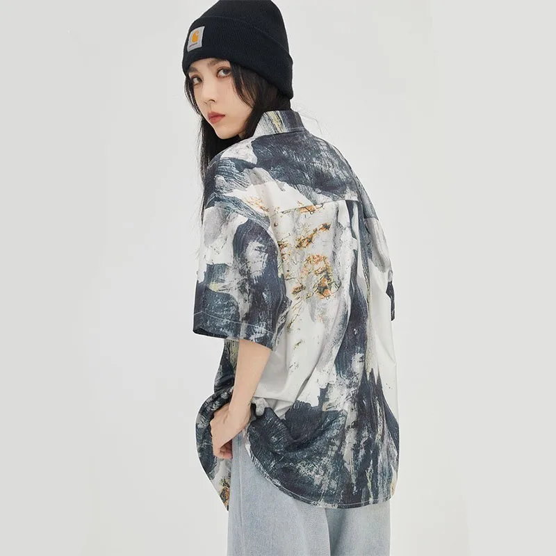 المرأة الوردي التعادل صبغ طباعة التلبيب قمصان الصيف عادية فضفاض قصيرة الأكمام قميص معطف الإناث موضة الشارع الشهير Y2K زر البلوزات