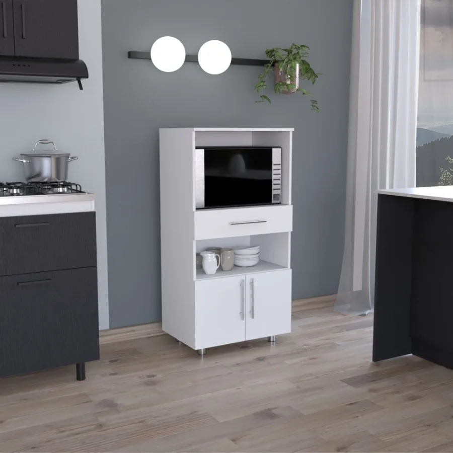 

Kitchen Pantry 48 H Two Open Storage Shelves One for Microwave Two Doors Four Legs White