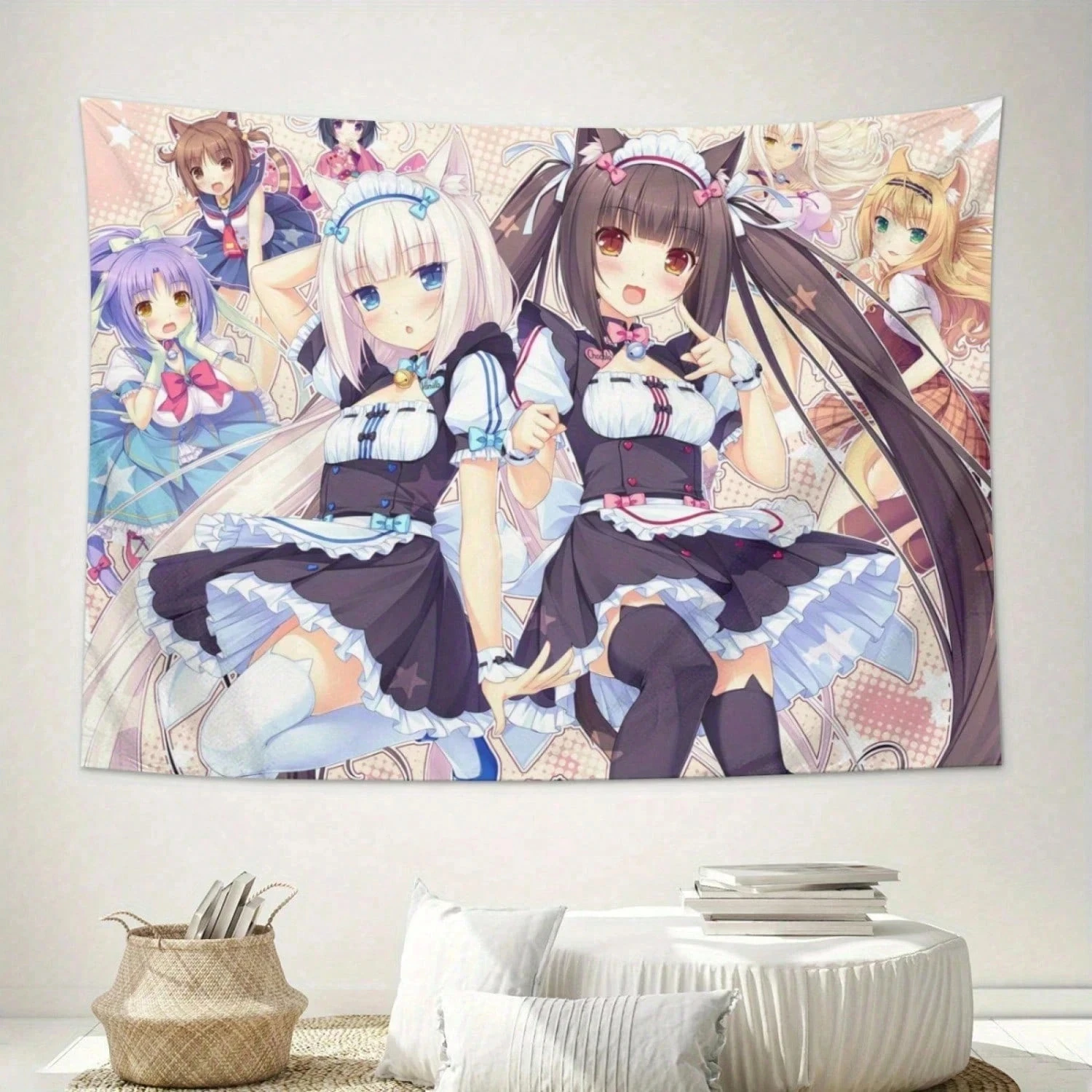 1 Stück Nekopara Chocola & Vanilla Wandteppich, Anime-Katzenmädchen-Wandbehang, coole Zimmerdekoration, große Größe, Polyester 2D-Druck, Schlafzimmer S