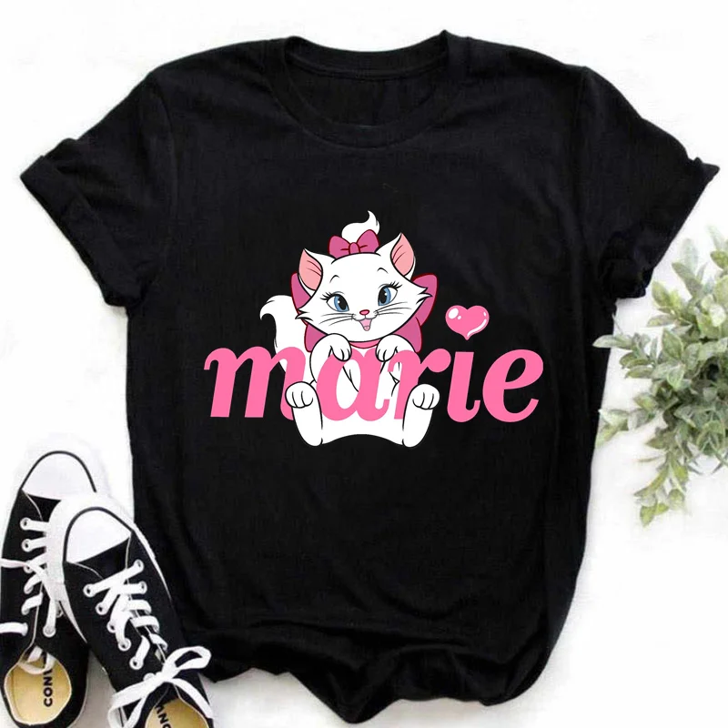 Camiseta con estampado de gato Marie para mujer, ropa de calle informal de manga corta, camisetas de Disney para mujer