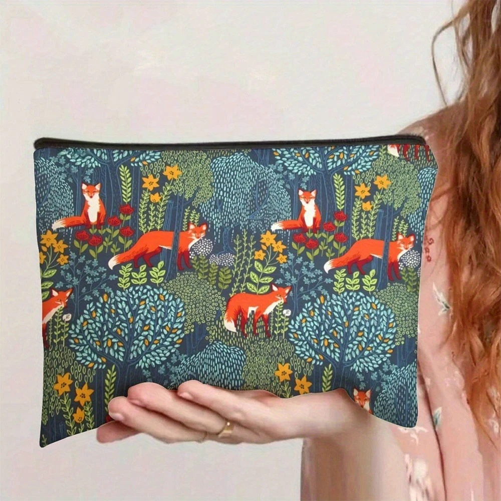 Charming Fox in Forest Pattern Makeup Bag Polyester Bag- Boho Style Storage, Pencil Case Foldable Travel Pouch with Zipper Pouch