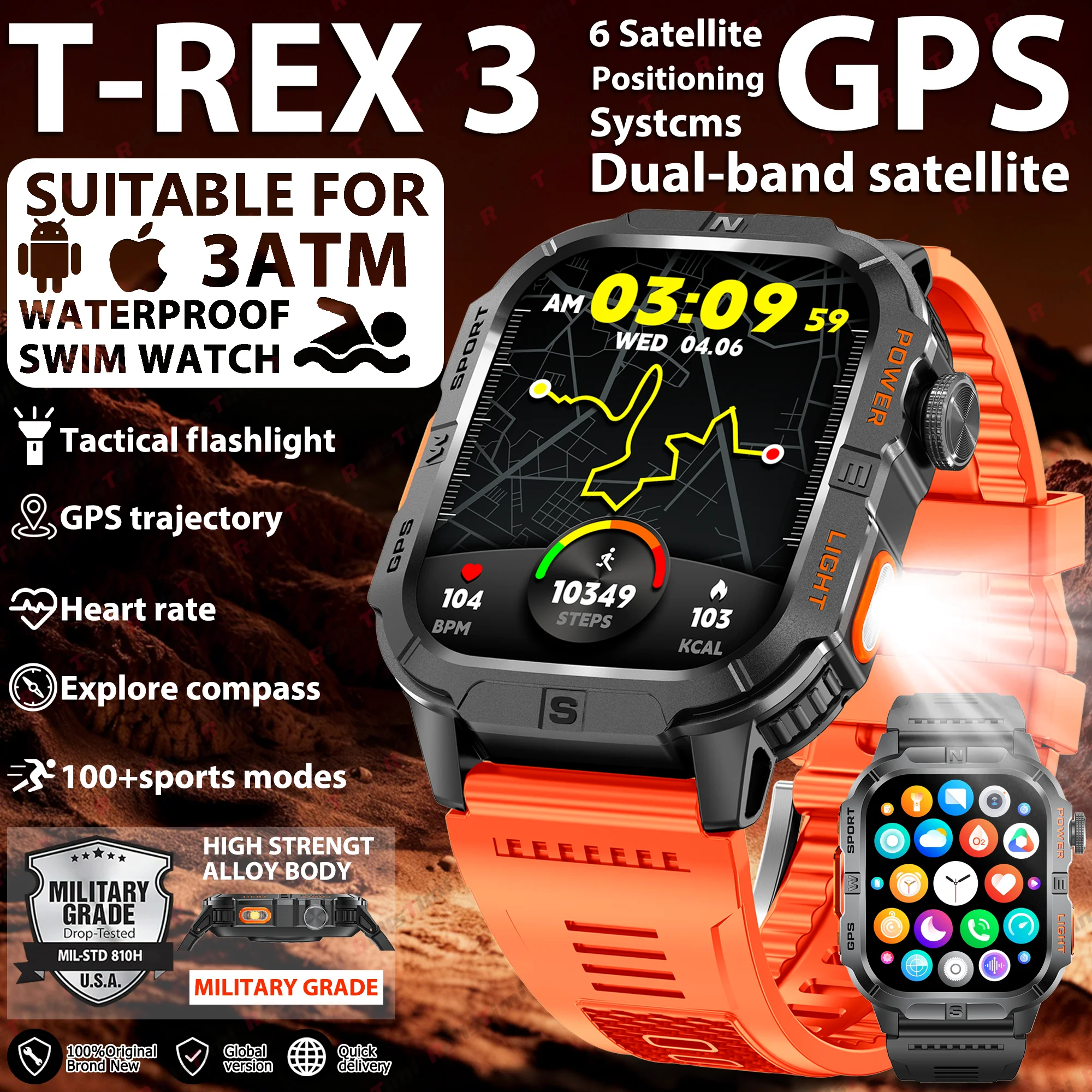 

2025 Men's Outdoor GPS Tracker Sports Smart Watch with LED Flashlight Bluetooth Call Function Heart Rate Monitor 3ATM Waterproof