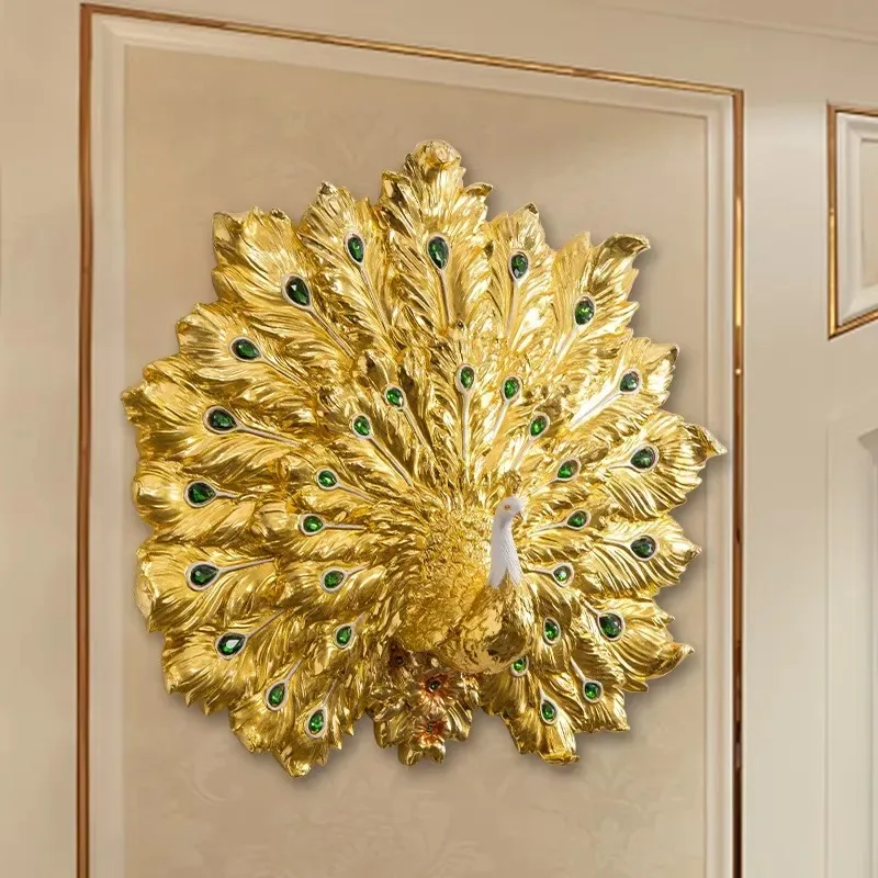 Nordic 33 Inch Oversized Luxury Gold Plated Resin Peacock 3D Painting Mural Art Hanging Home Decoration for Living Room