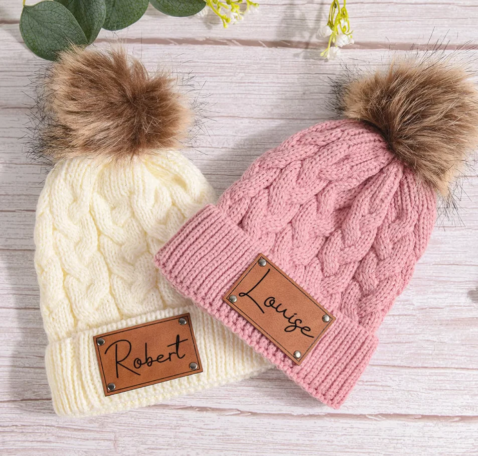 Custom Infant Beanie with Name,Baby Beanies,Kid Knitted Hat,Leather Patch Beanie for Baby Personalized,Toddler Child Baby Beanie