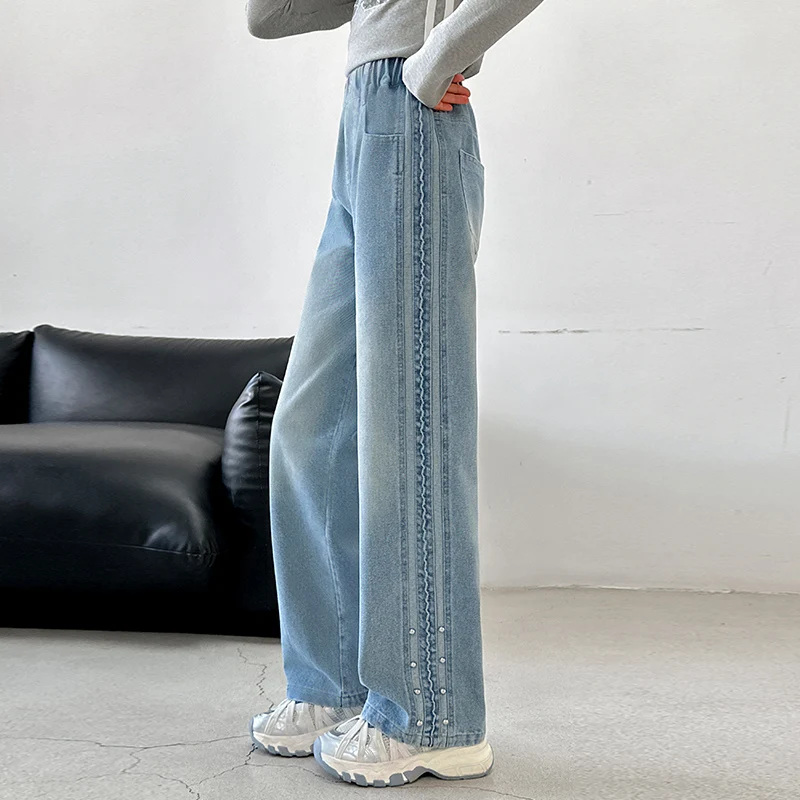 أنيقة فتاة الشتاء معزول الجينز مع ترصيع الاطفال الطفل فضفاض مستقيم دافئ صوف مبطن الضوء الأزرق الدنيم السراويل 5 6 8 10 12 14