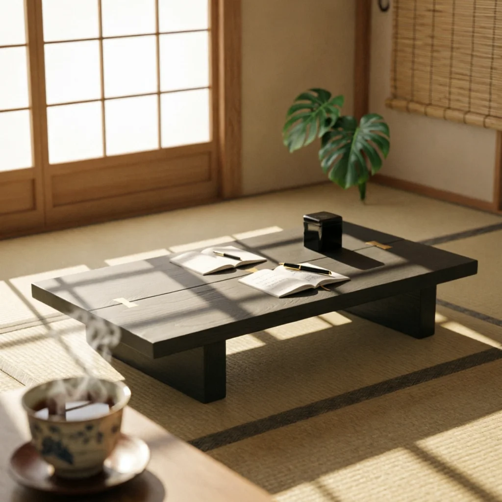Table with Brass Inlay Wabi-Sabi Low Tea Table Furniture Compact Space-Saving for Small Rooms