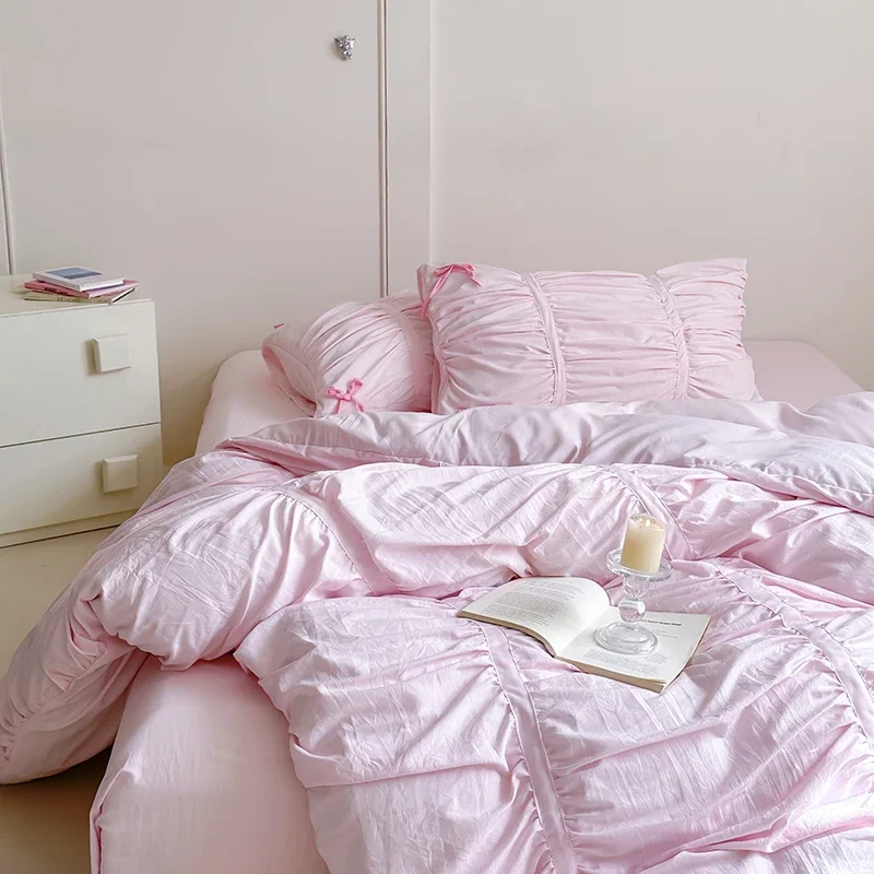 100% Polyester Pink Bowknot Fold Design Bedding Set, Duvet Cover, Linen Fitted Sheet, Pillowcases, Home Textile