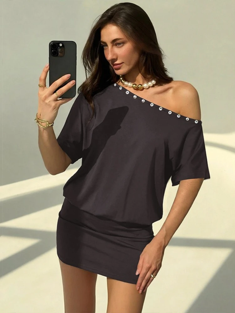 FDYOUI Damska Tunika z Asymetrycznym Kołnierzem i Guzikami, Krótka Sukienka-T-shirt, Odzież Uliczna na Wakacje, Krótkie Rękawy, Asymetryczne Sukienki na Imprezy i do Klubu