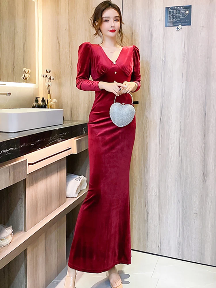 Women Purple Velvet Long Sleeve V-Neck Maxi Dress Autumn Winter Elegant Luxury Evening Dress 2025 Korean Vintage Bodycon Dresses