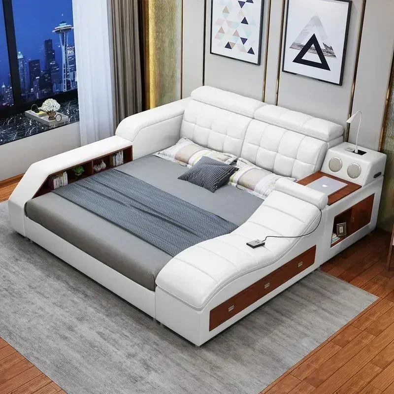 Simple European Bed Space Saving Multifunctional Tatami Children Modern Bed Leather Nordic Sun Wood Muebles Office Furniture