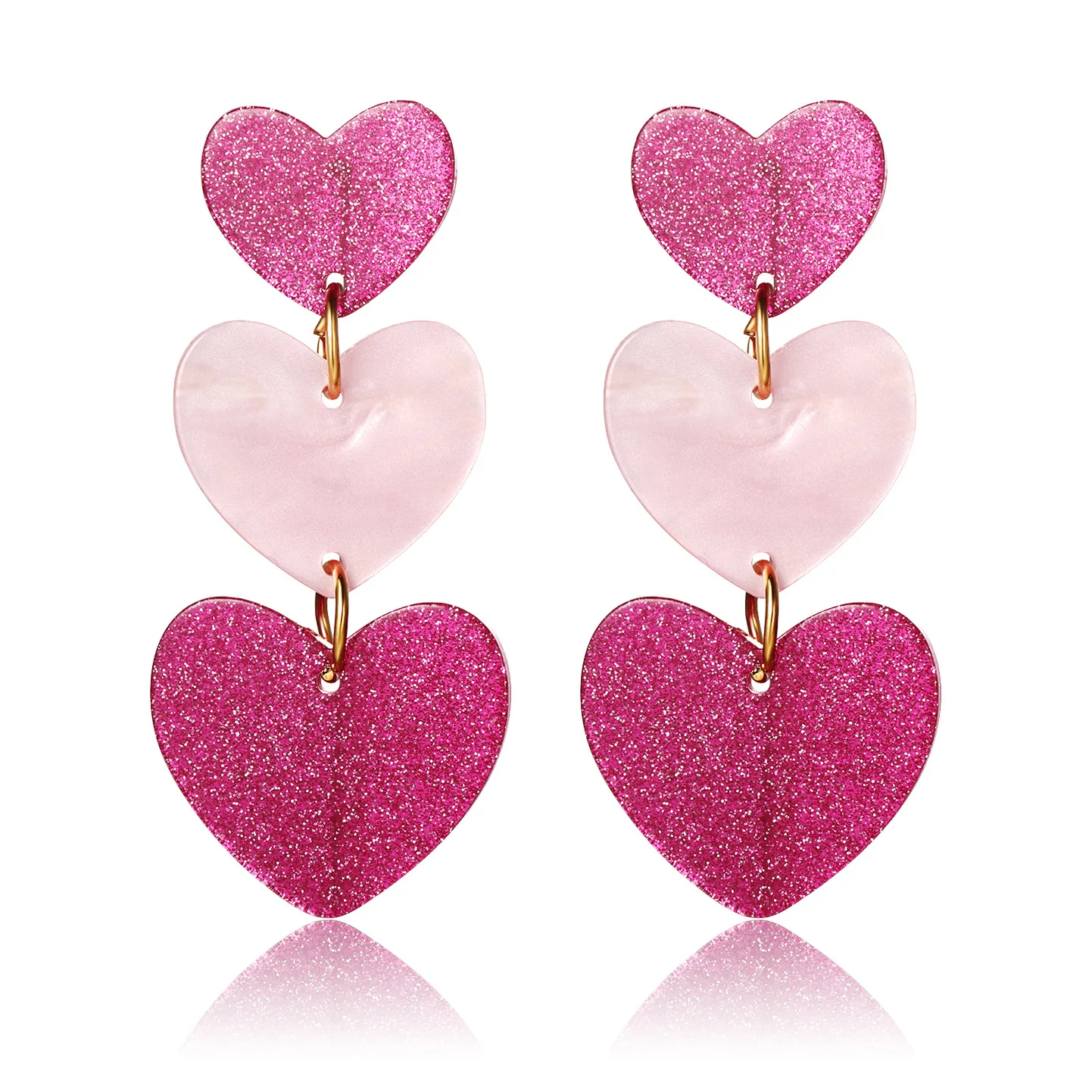 

Triple Heart Dangle Drop Heart Earrings Set for Women - 12pair/set - Tri-Tone Pink Acrylic Glitter Heart Drop Earrings Pack