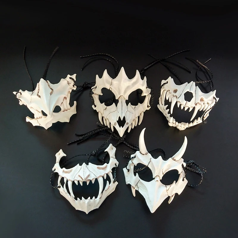 1Pc Schedelmasker Feest Lange Tanden Demon Skelet Half Gezichtsmasker Wolf Dragon Tiger Houjuu Nue Mask Cosplay Halloween Kostuum Rekwisieten