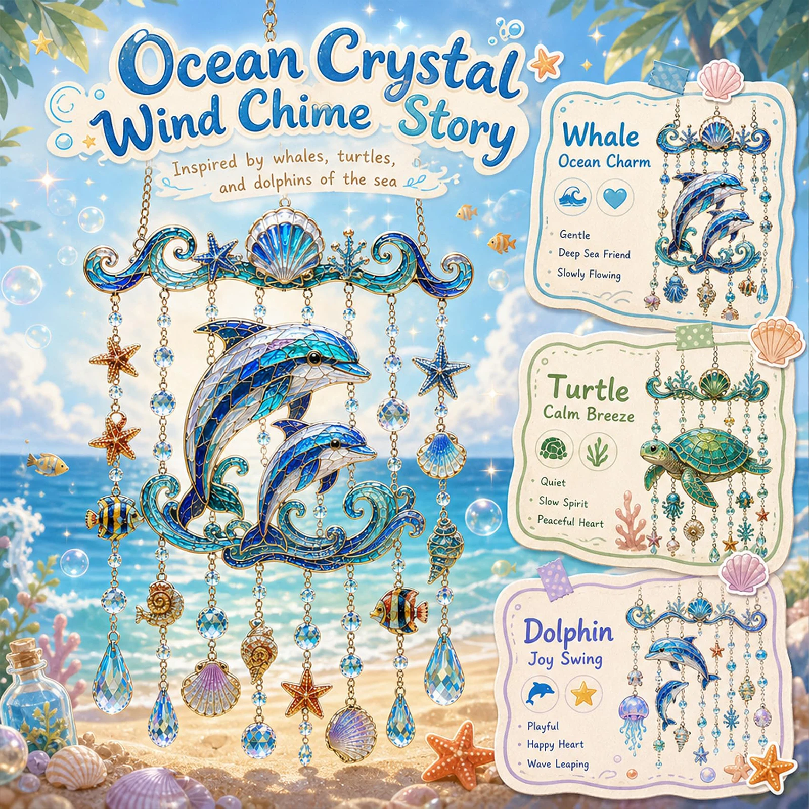 Ocean-Themed Crystal Wind Chime Painted Ocean Animal Wind Chime Graceful Animal Winds Chimes Outdoor for Patio Porch Yard Garden