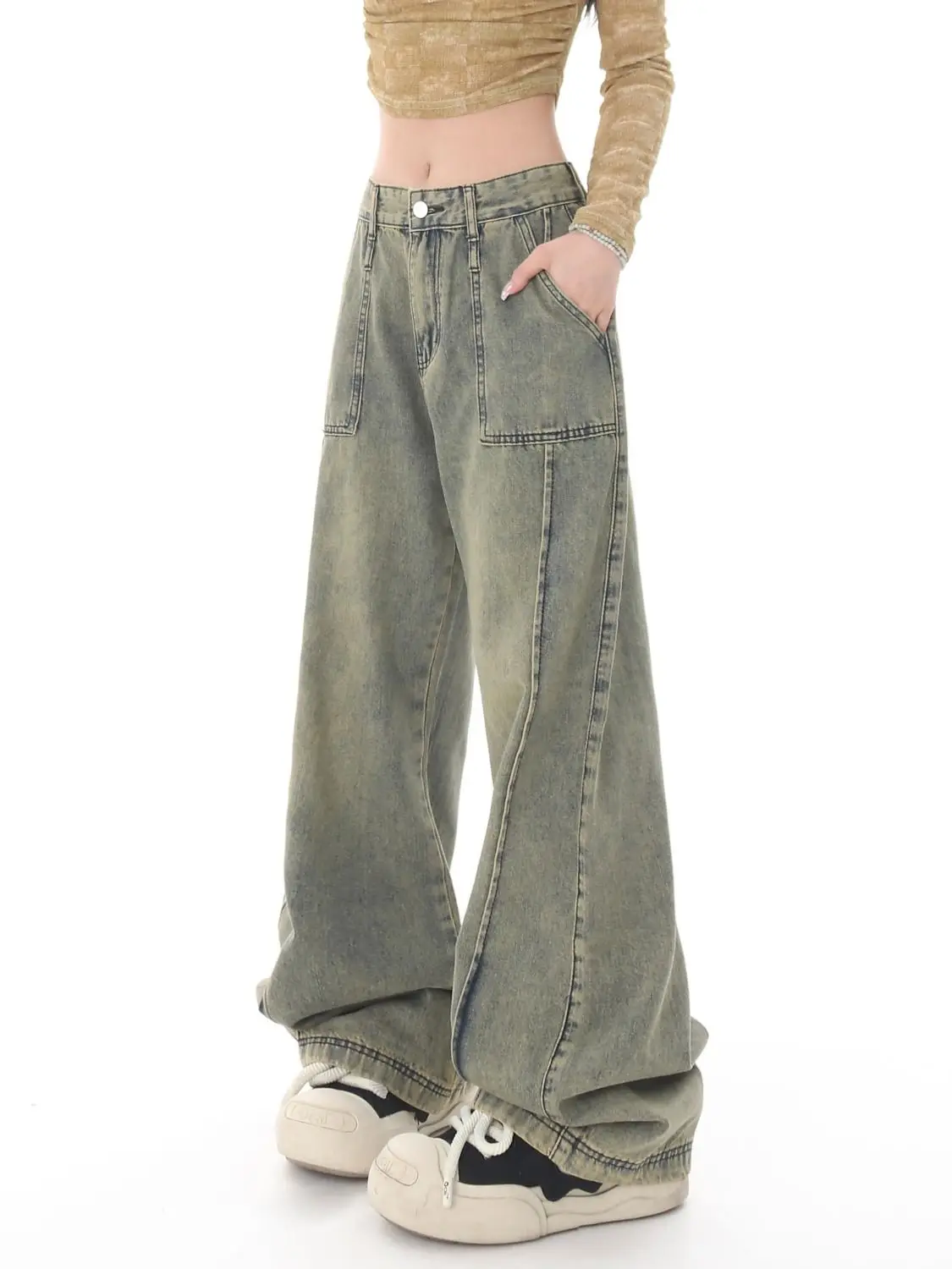 Yellow Mud Personalized Loose Jeans American Street Women Spring and Autumn Loose Retro Straight Leg Wide Legged Pants y2k