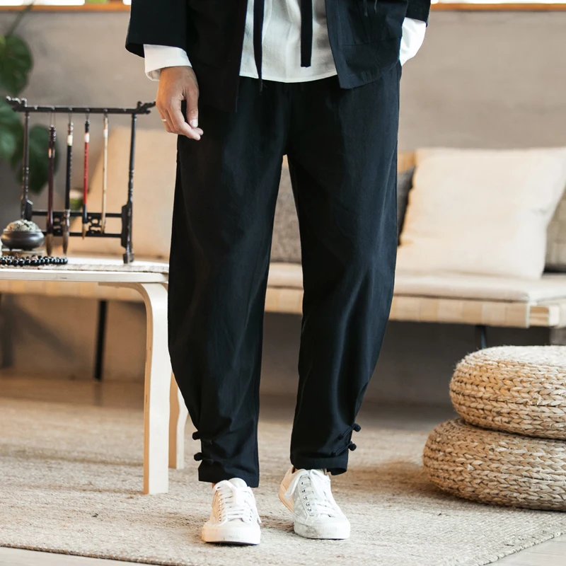 

Men Retro Chinese Style Cotton Pants Men Loose Buckles Tying Feet Casual Harem Pants Male Oversize Joggers Wide Leg Trousers