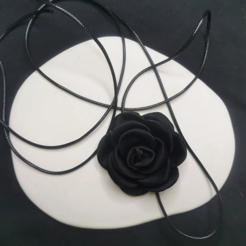 ZB91 Sleutelbeenketting Zwart Wax Touw Camellia Kraag Choker Bruiloft Halloween Sieraden