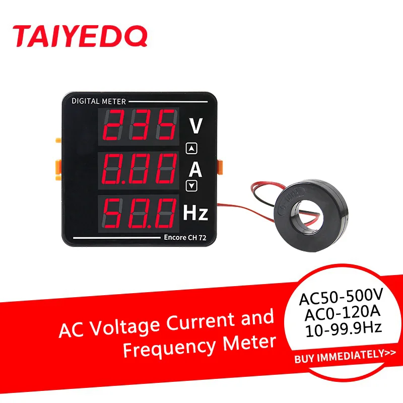 AC50-500V 0-120A 10-99.9Hz Digital Display Voltage Ampere Frequency Meter Voltmeter Ammeter Hertz 72*72mm