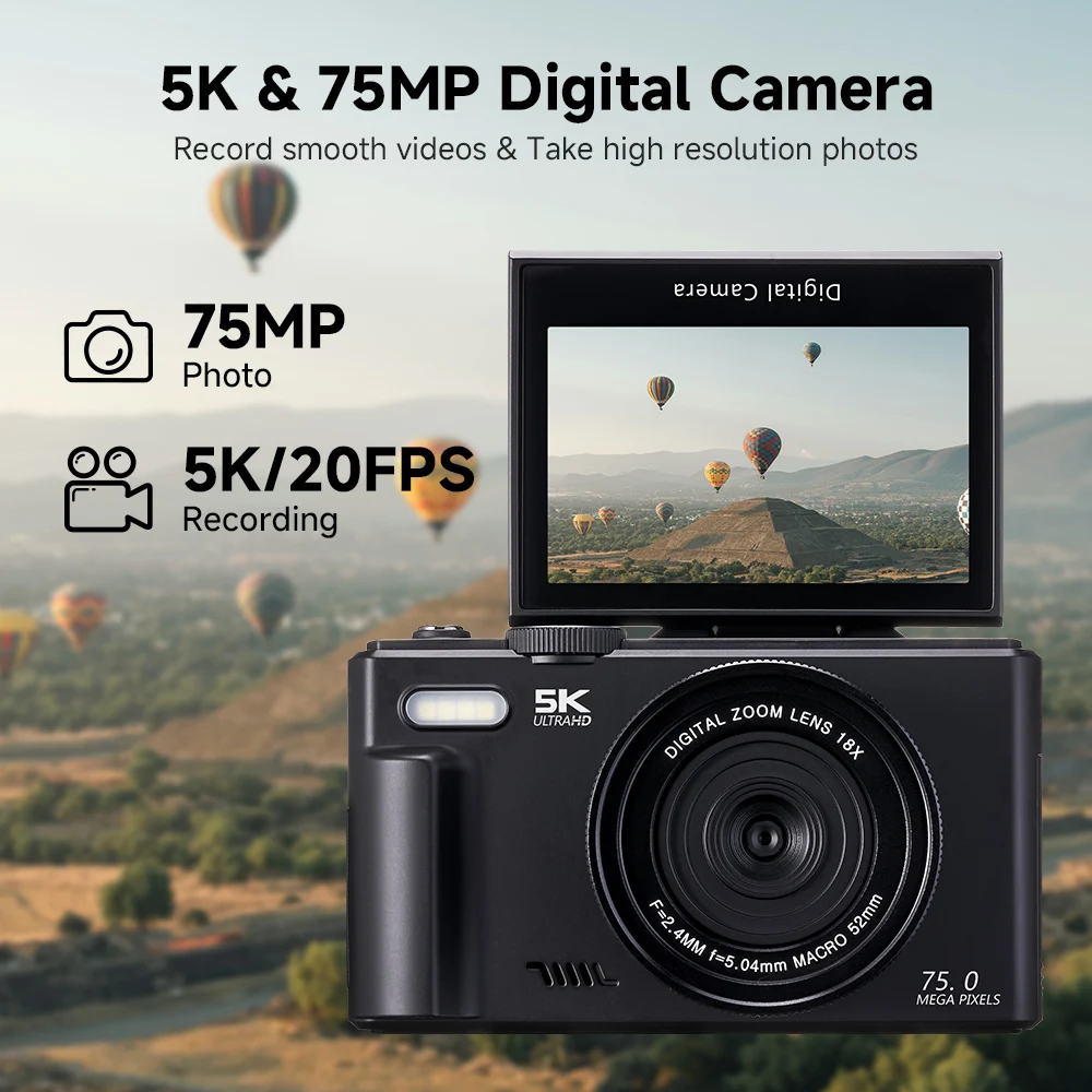 5K 75MP Vintage Digital Camera, 180° Flip Screen, 18X Digital Zoom, WiFi Selfie Vlog Video Recorder for YouTube Photography