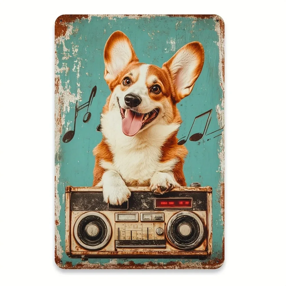 （2D Tin painting）Vintage Corgi Tin Sign 8x12 Inch Retro Wall Decor for Home Bar Cafe Garage