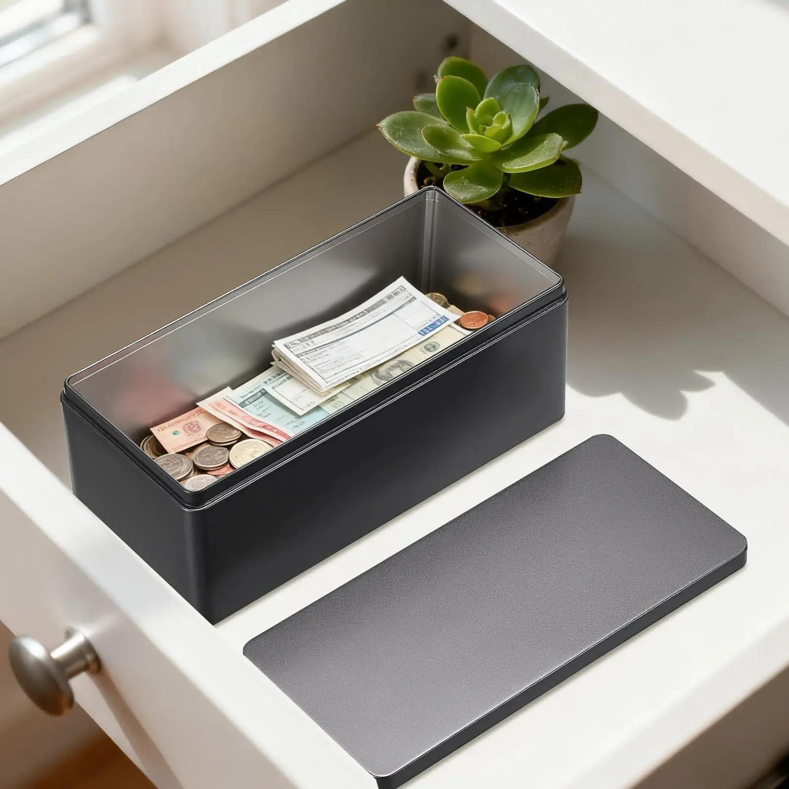 Money Box Rectangular Metal Portable Security Money Saving Box Organizer With Lid For Currency Bills Jewelry Keys Tickets Home