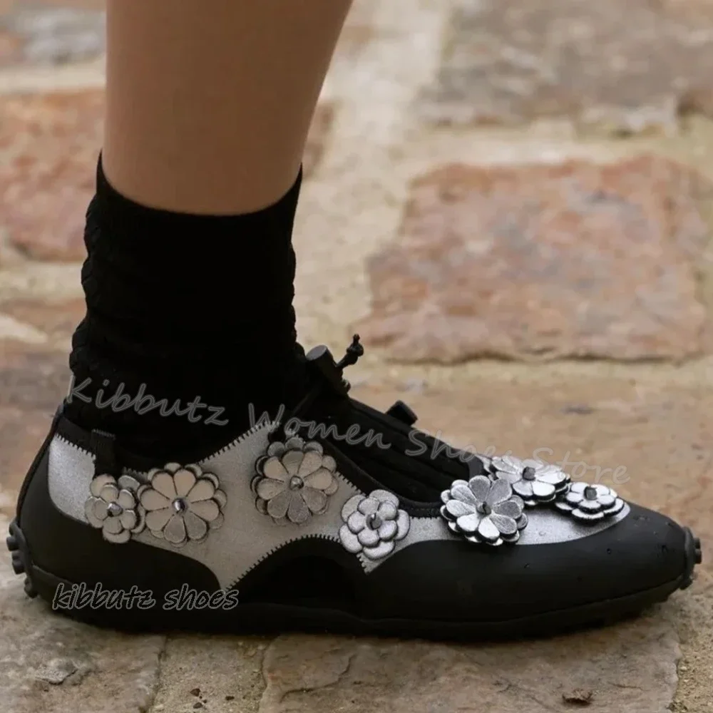 Flowers Ballet Pump Shoes Round Toe Flat with Mixed Color Leather Lace-Up Elegant Concise Fashion Novelty Women Sneakers Newest